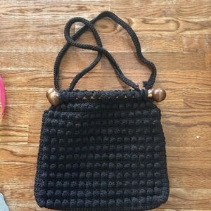 Vintage Crocheted Black Purse with Knit Shoulder Strap and Wood Bar Closure